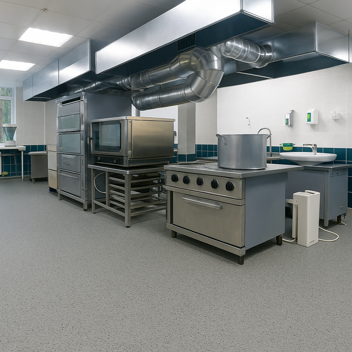 Commercial kitchen with stainless steel appliances and ventilation system.